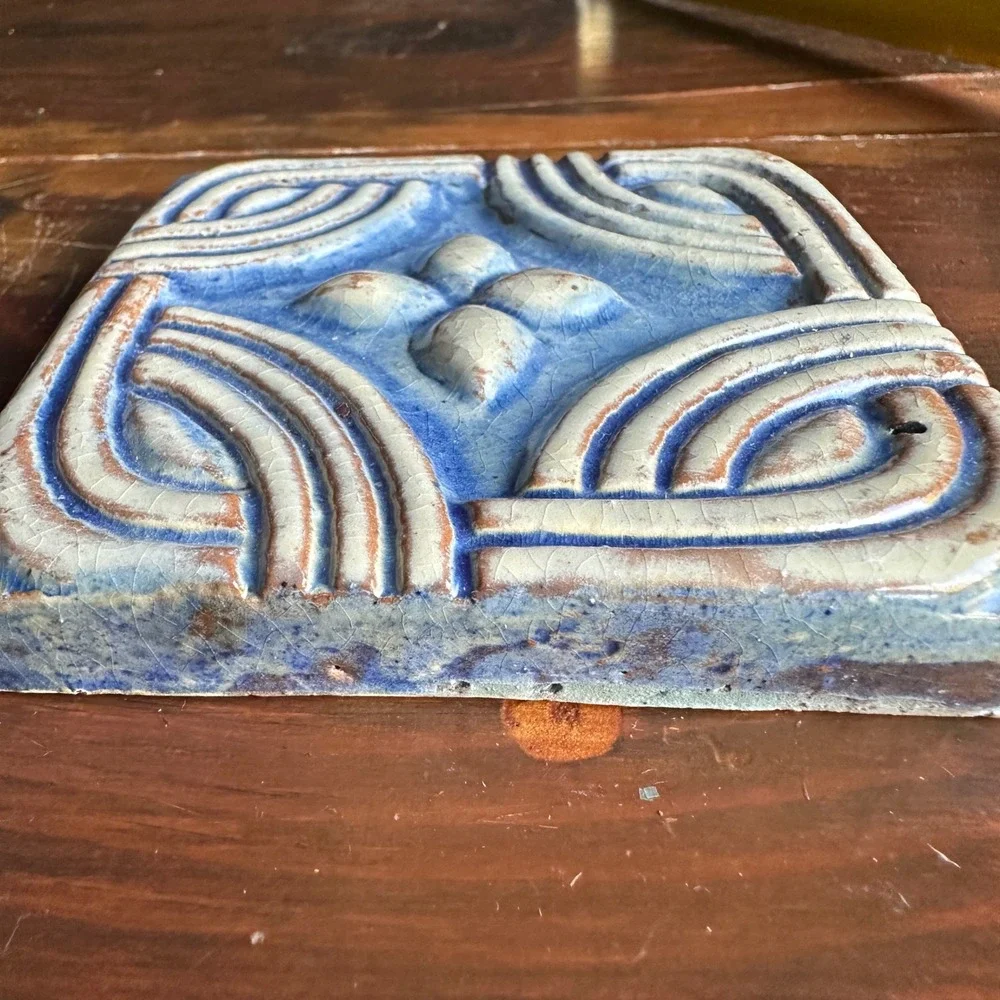 Moravian Pottery‎ Tile Works Mercer Blue Cream Geometric Art Tile Vintage 4x4